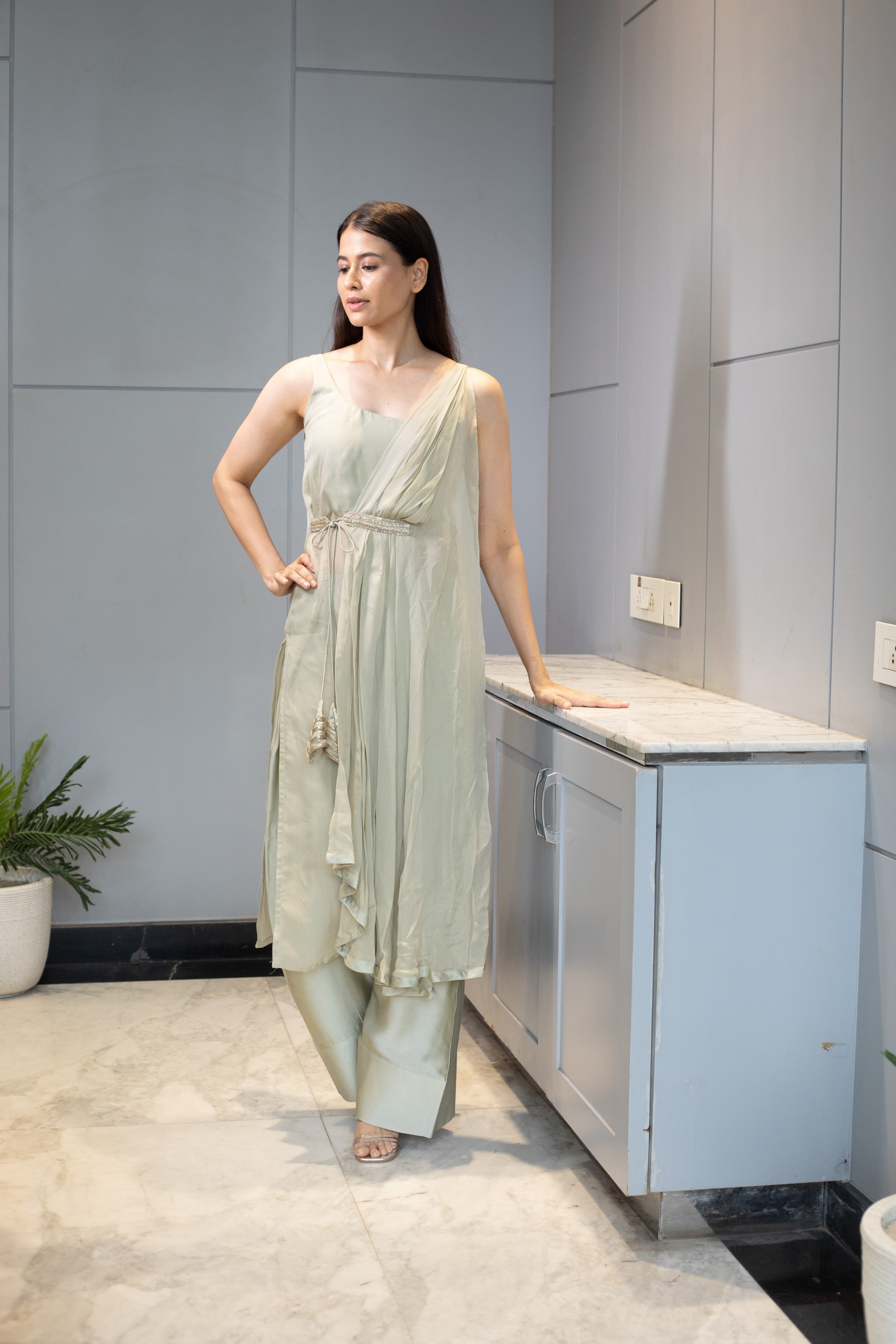 Sage Drape - Mint Indo-western Kurta Set