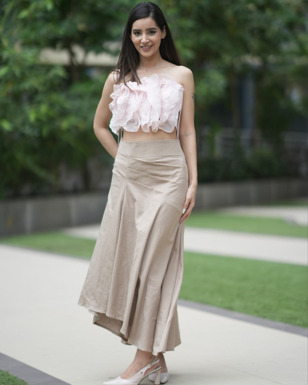 Rosé Ruffle Cotton Satin Tube Top