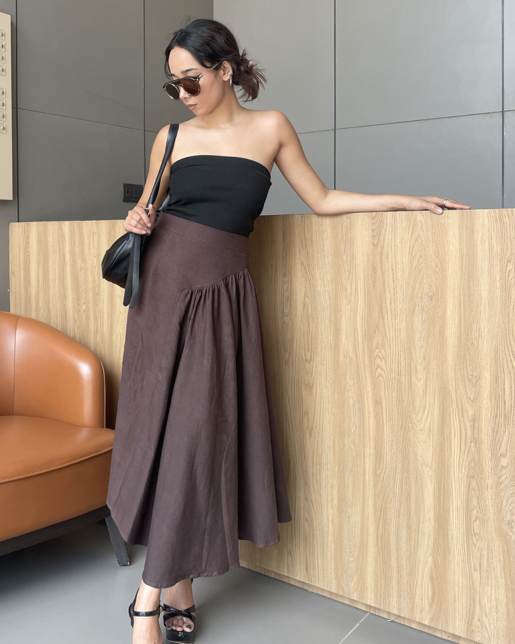 Pleated Khadi Long brown Skirt