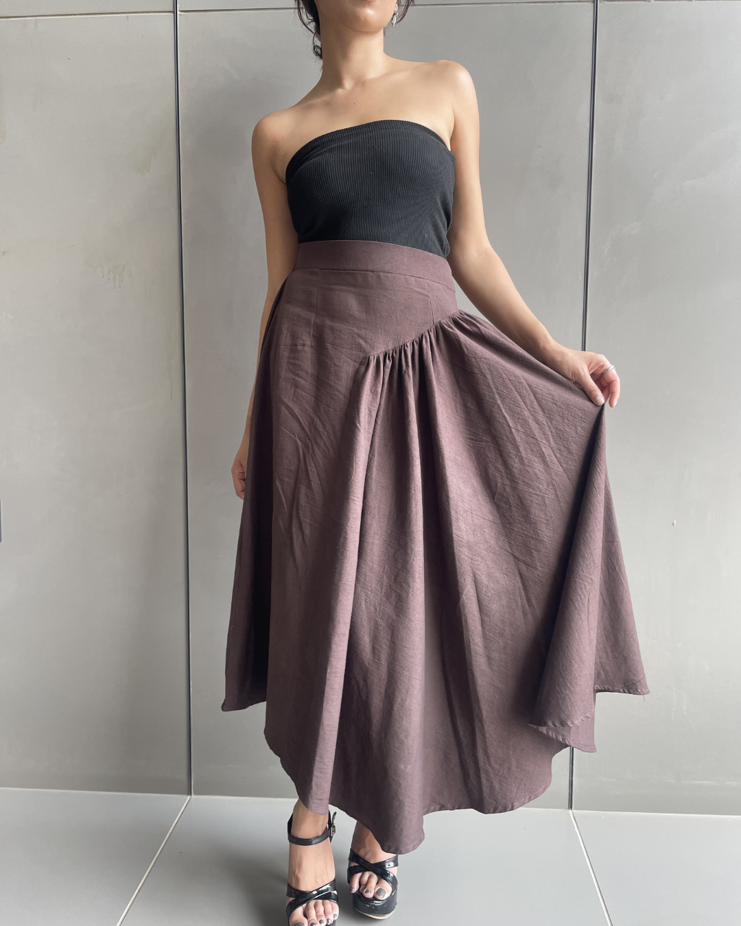Pleated Khadi Long brown Skirt