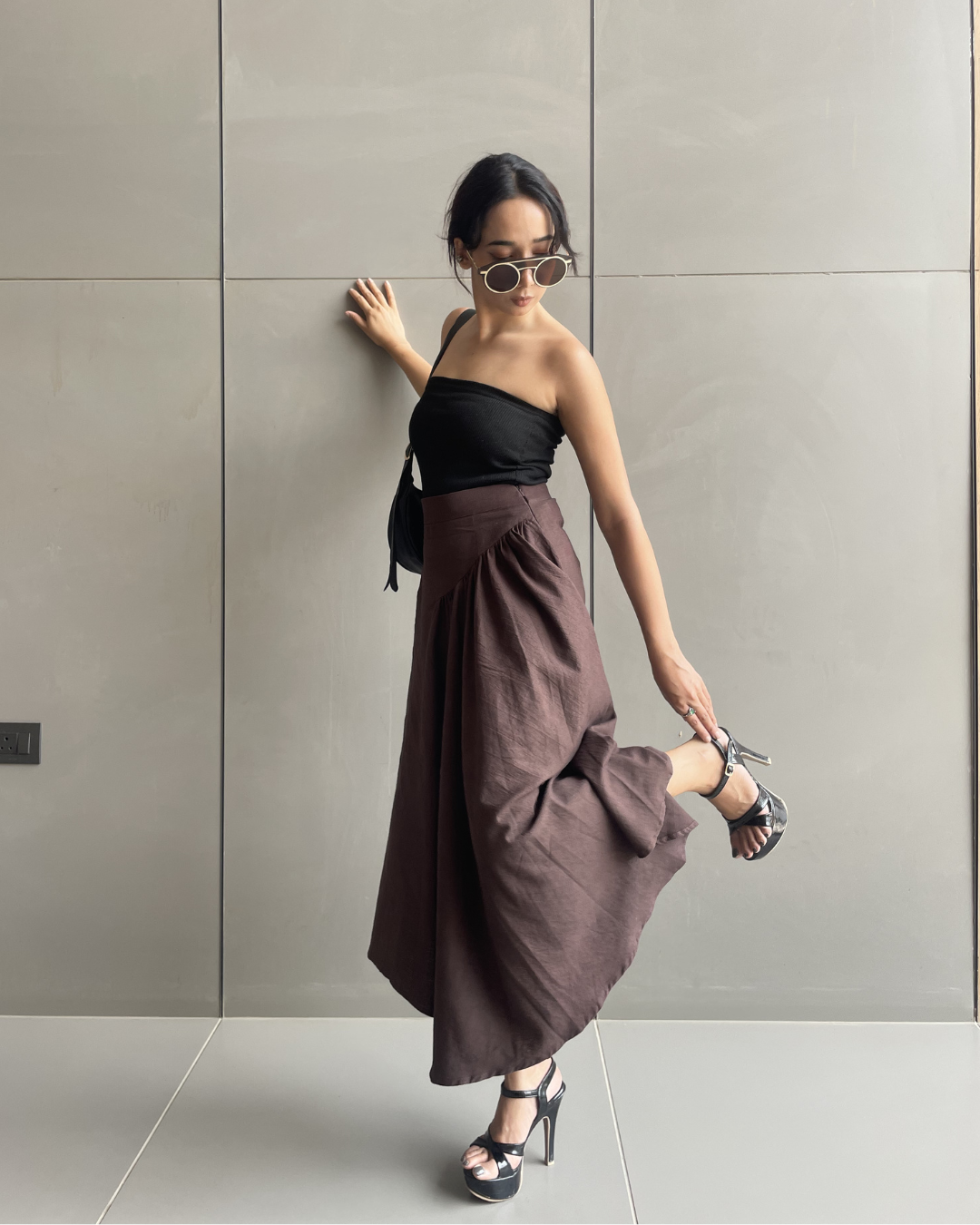 Pleated Khadi Long brown Skirt