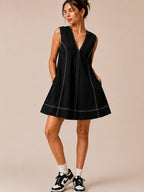 Black V-Neck A-Line Mini Dress