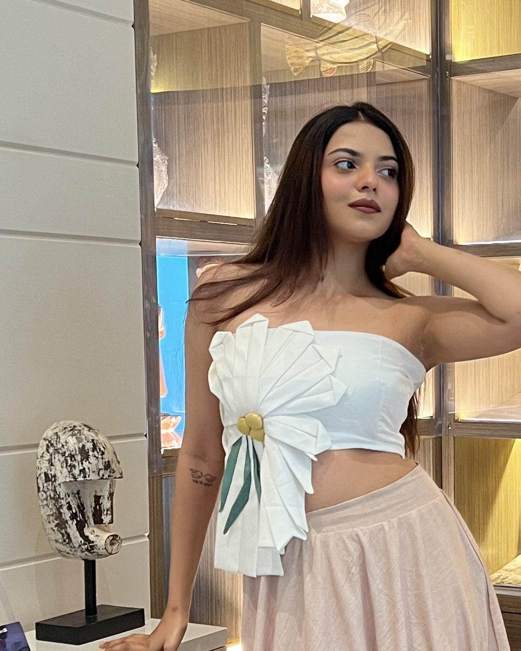 White Cotton Satin floral Tube Top