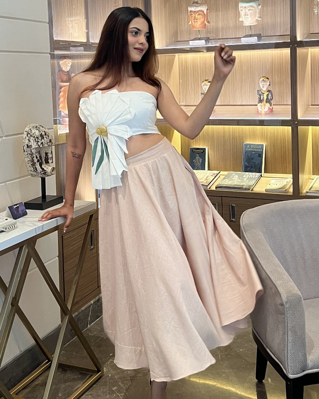 White Cotton Satin floral Tube Top