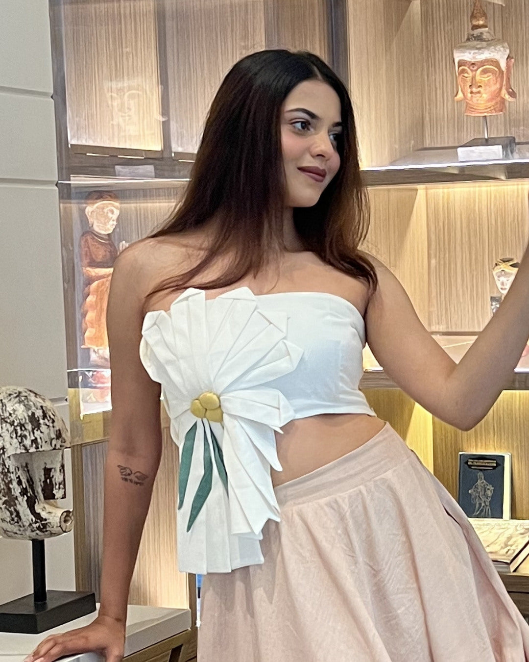 White Cotton Satin floral Tube Top