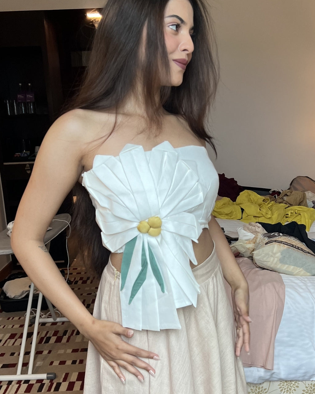 White Cotton Satin floral Tube Top