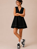 Black V-Neck A-Line Mini Dress