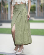 Pure Cotton Wrap Midi Skirt Olive Green