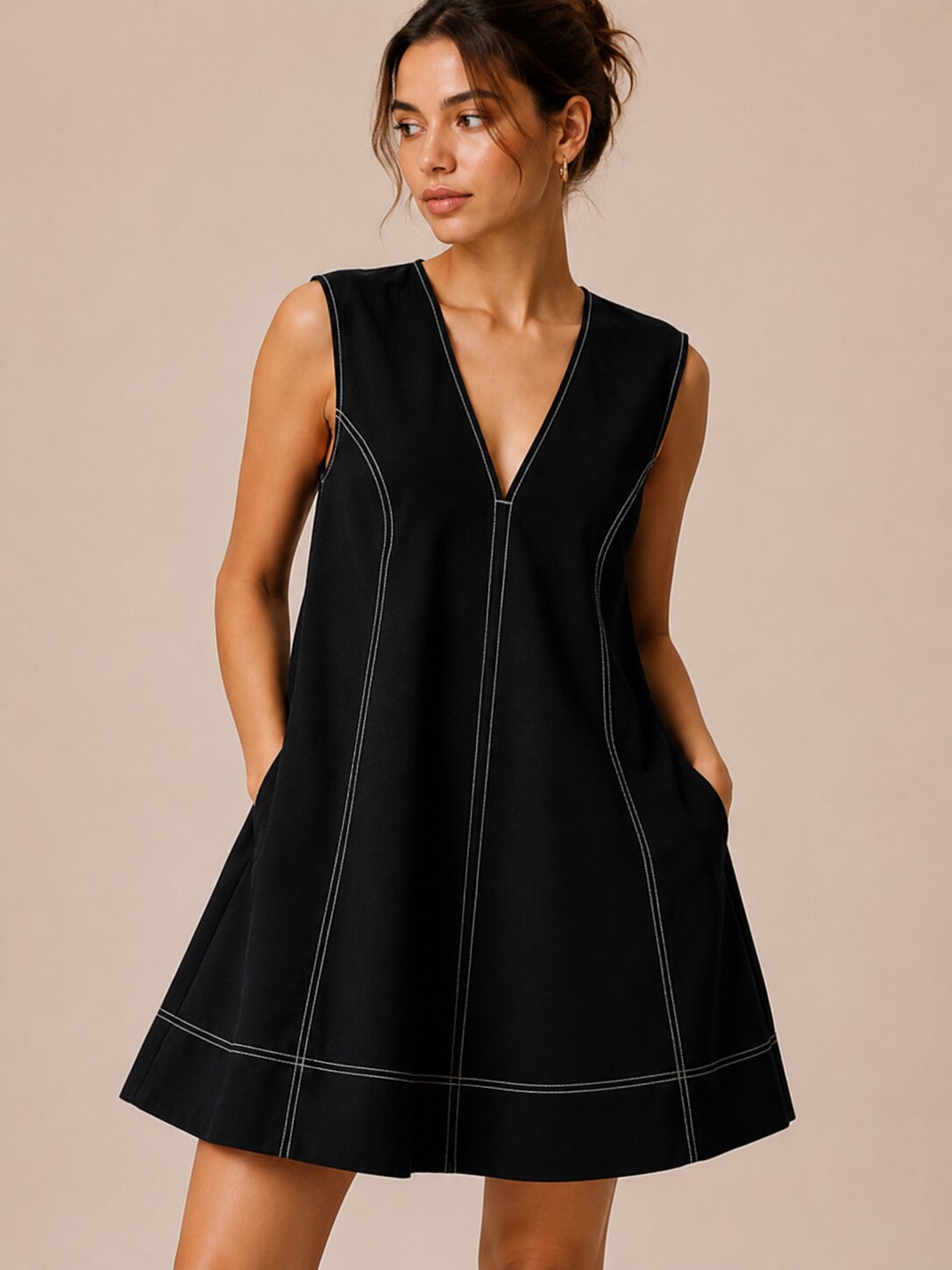 Black V-Neck A-Line Mini Dress