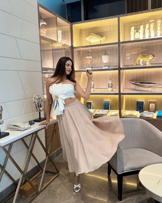 White 3D Floral Tube Top with Long Khadi Skirt