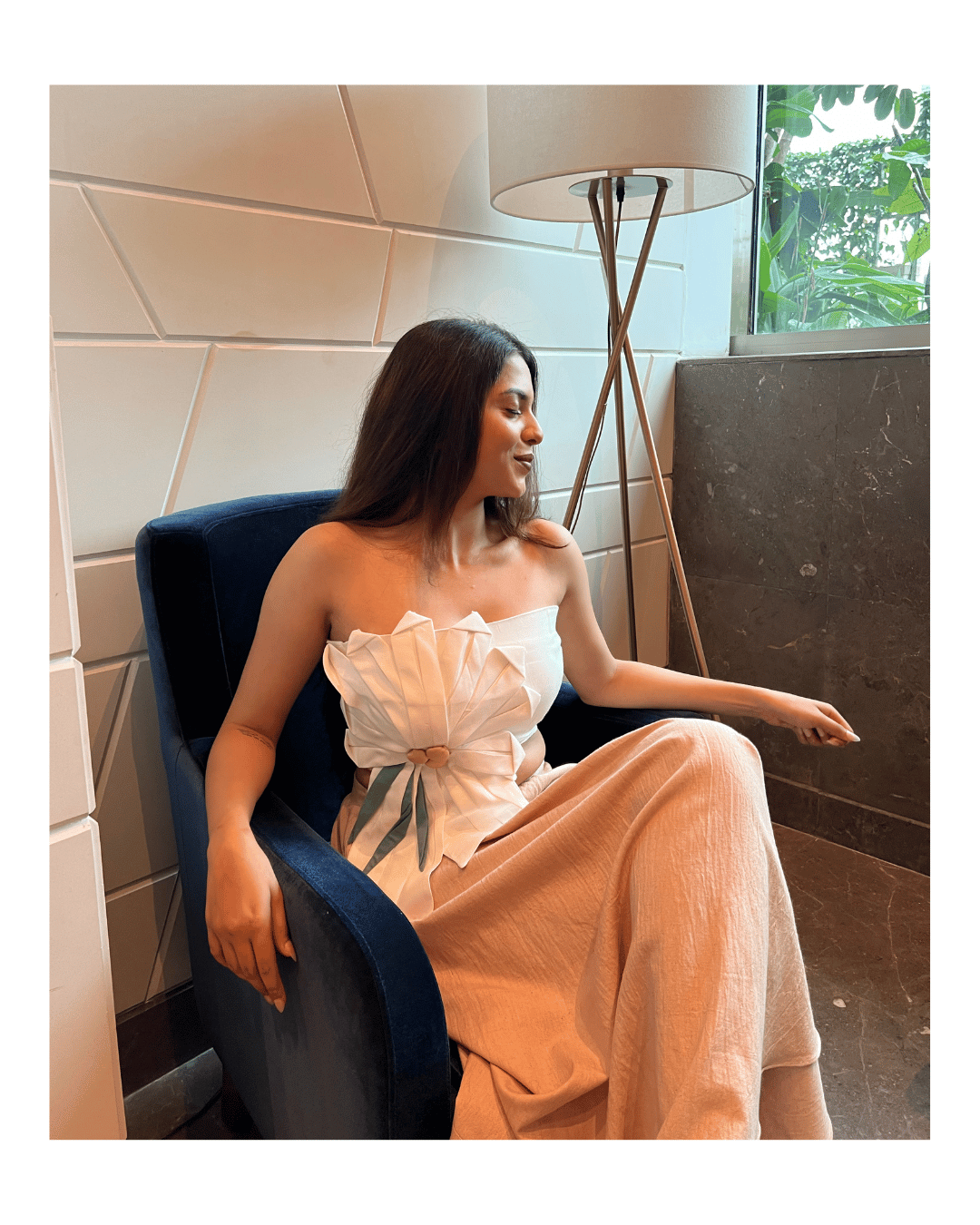 White 3D Floral Tube Top with Long Khadi Skirt