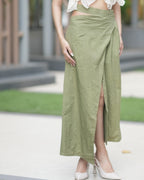 Pure Cotton Wrap Midi Skirt Olive Green