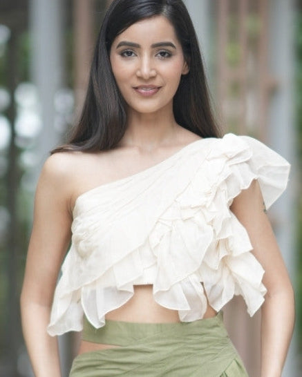 One Shoulder Ruffle yellow Crop top