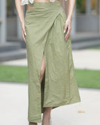 Pure Cotton Wrap Midi Skirt Olive Green