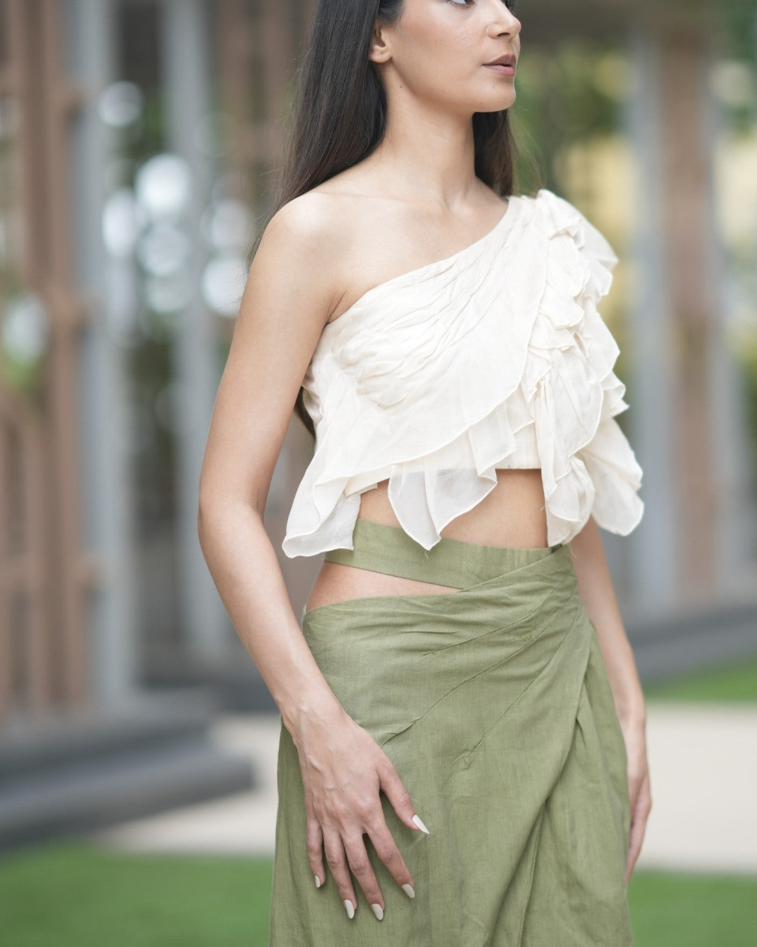 Pure Cotton Wrap Midi Skirt Olive Green