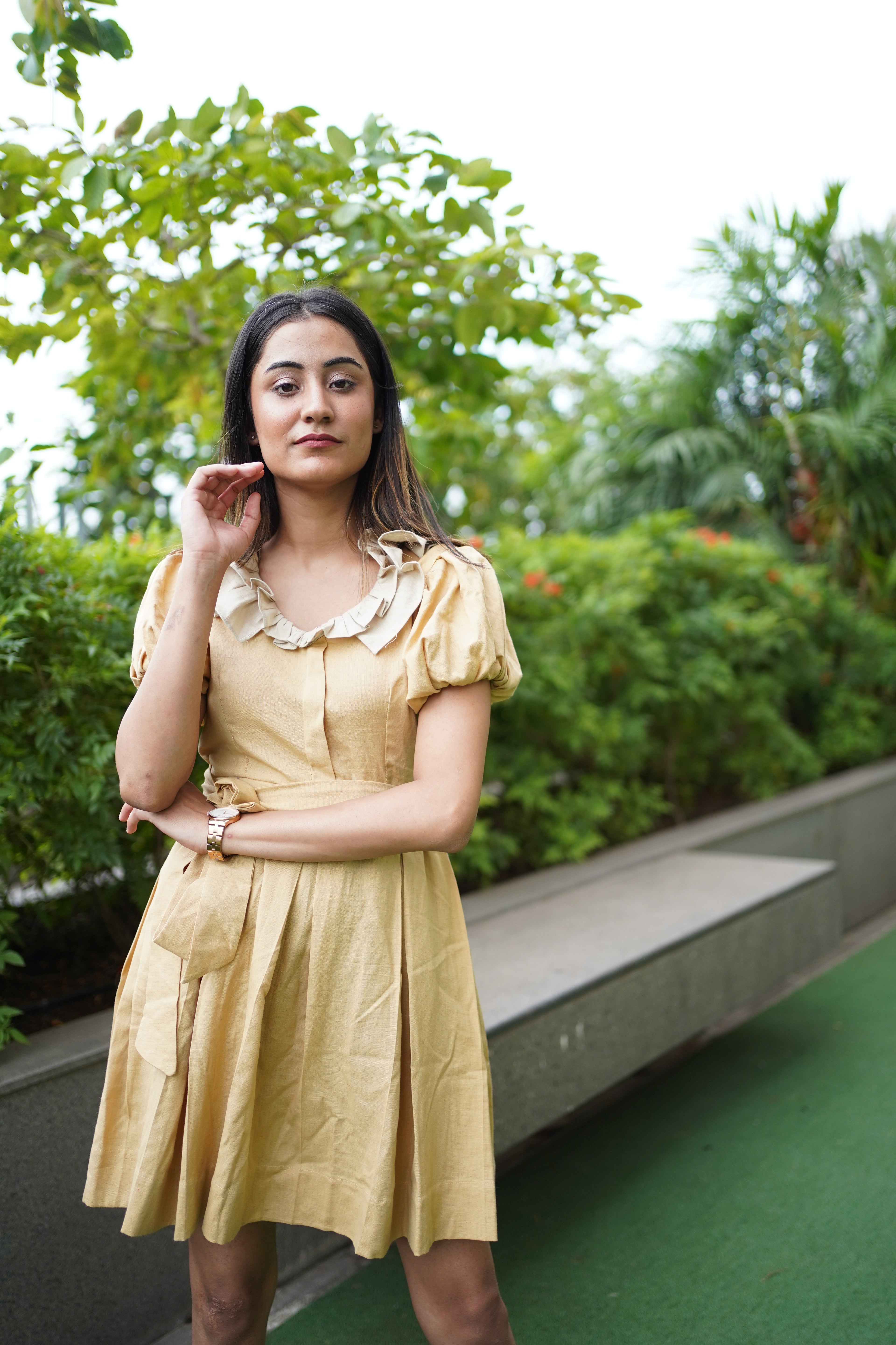 khadi dress, handwoven dress, sustainable Indian fashion, artisanal clothing, mustard yellow dress, ethical fashion, organic khadi, puff sleeve khadi dress, dress with ruffled collar, Swaruchii.