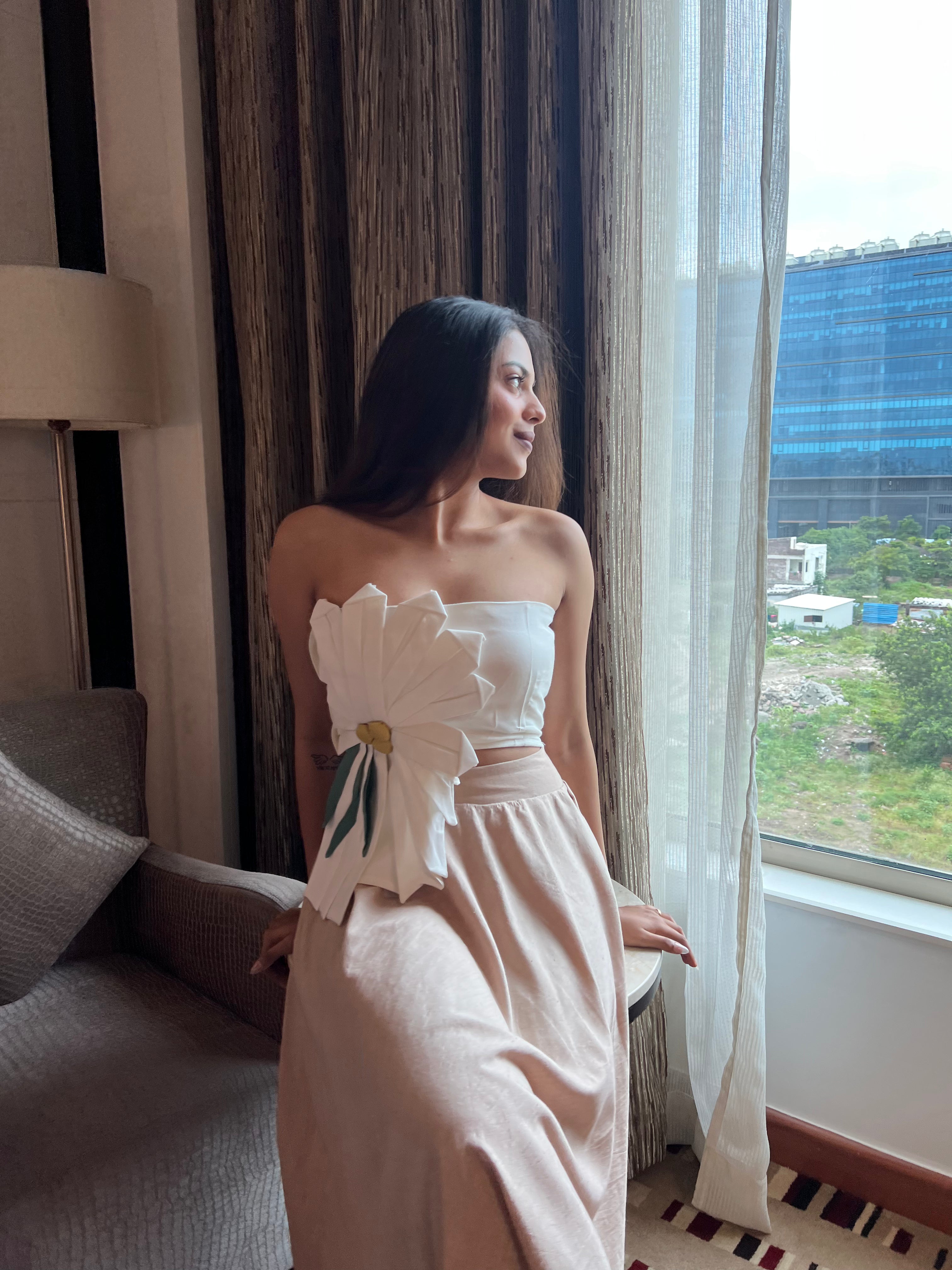 White 3D Floral Tube Top with Long Khadi Skirt