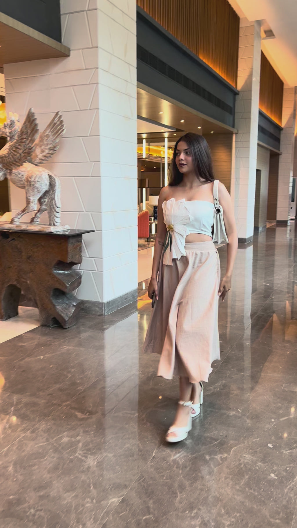 White 3D Floral Tube Top with Long Khadi Skirt