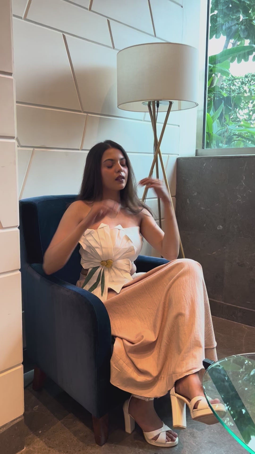 White 3D Floral Tube Top with Long Khadi Skirt